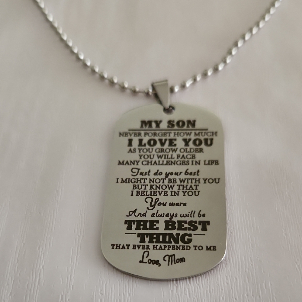 Engraved Silver Necklace With A Loving Message For A Son From Mom